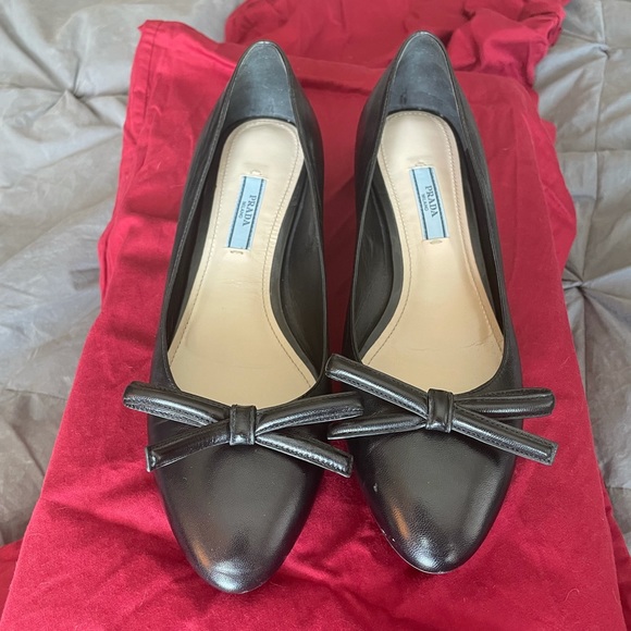 Prada Shoes - Black PRADA Ballet Style with Chunky Block Heel & Bow. Size: 8/8.5